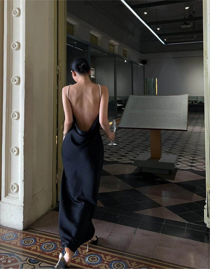 Robe de soirée longue en satin noir, dos nu, sexy, robe de bal, robes de soirée